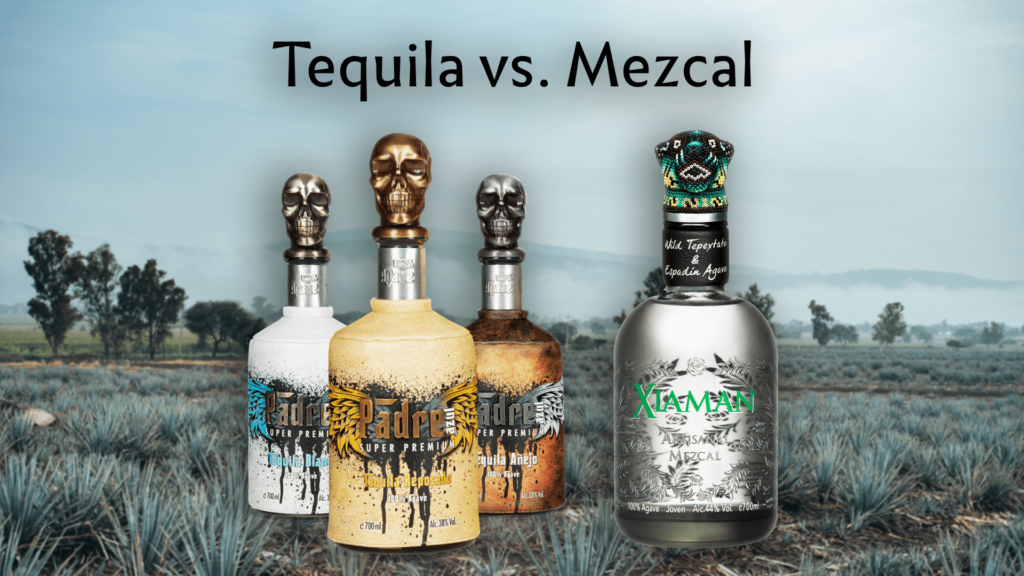 Title picture for the blog post "Tequila vs. Mezcal". It shows three bottles of Padre Azul tequila on the left side and on the right side the green bottle of the Xiaman Mezcal line. In the background is an agave field