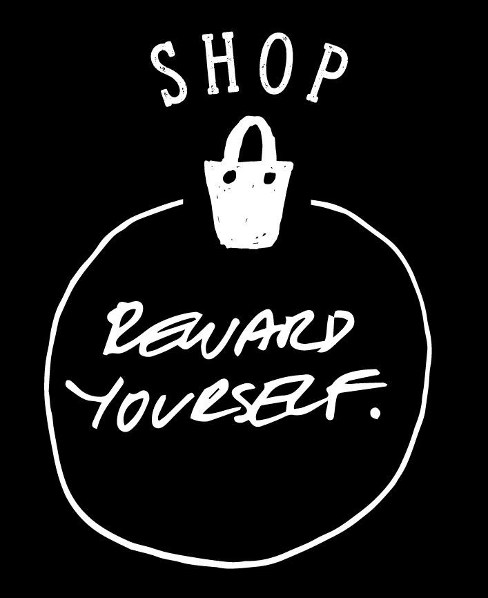 A circle with a shopping cart on top of it. Above the cart it is written "Shop" in capital letters. In the middle of the circle it is written "Reward yourself". The circle is shaking as it is a gif and guides towards the Padre Azul online shop.