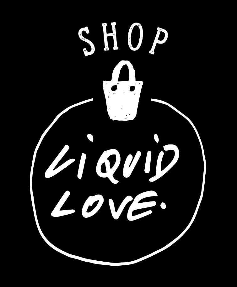 A circle with a shopping cart on top of it. Above the cart it is written "Shop" in capital letters. In the middle of the circle it is written "Liquid love". The circle is shaking as it is a gif and guides towards the Padre Azul online shop.