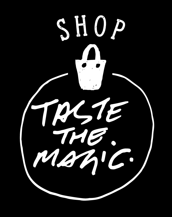A circle with a shopping cart on top of it. Above the cart it is written "Shop" in capital letters. In the middle of the circle it is written "Taste the magic". The circle is shaking as it is a gif and guides towards the Padre Azul online shop.