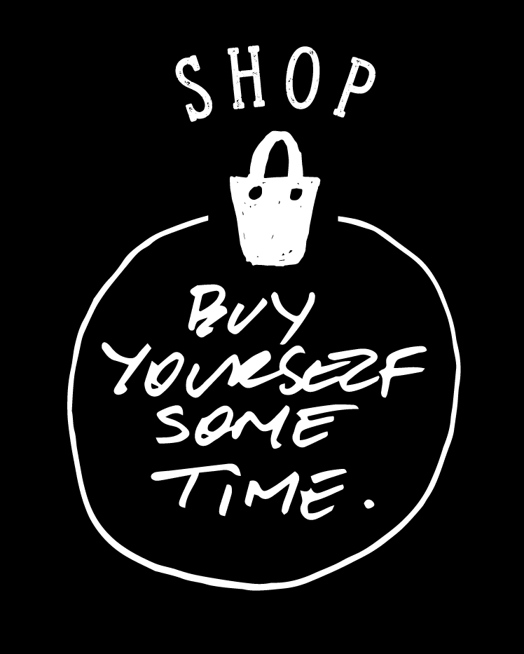 A circle with a shopping cart on top of it. Above the cart it is written "Shop" in capital letters. In the middle of the circle it is written "Buy yourself some time". The circle is shaking as it is a gif and guides towards the Padre Azul online shop.