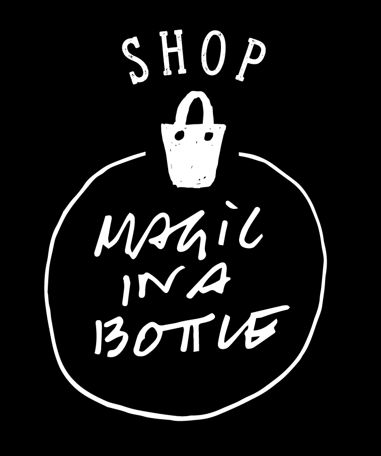 A circle with a shopping cart on top of it. Above the cart it is written "Shop" in capital letters. In the middle of the circle it is written "Magic in a bottle". The circle is shaking as it is a gif and guides towards the Padre Azul online shop.