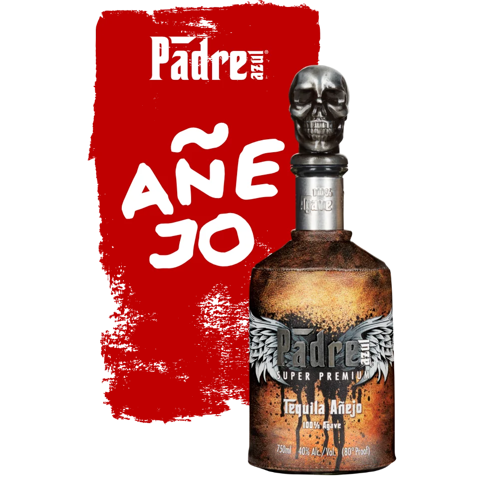 Brown tequila Añejo bottle in front of a red background that says "Añejo" and shows the Padre Azul logo.