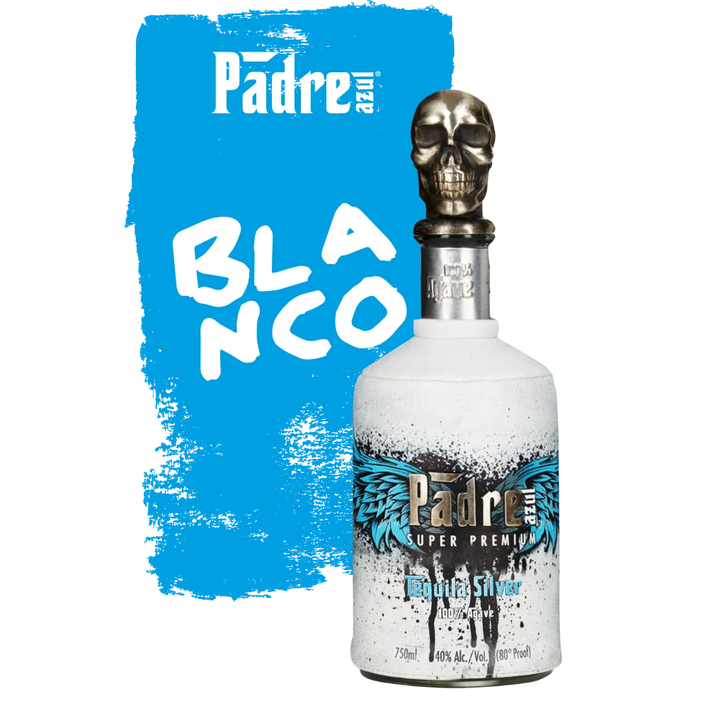 White tequila Blanco bottle in front of a blue background that says "Blanco" and shows the Padre Azul logo.