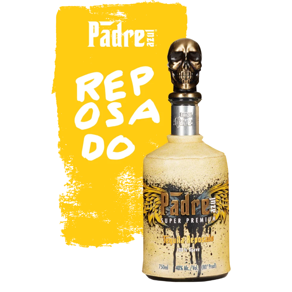 Yellow tequila Reposado bottle in front of a yellow background that says "Reposado" and shows the Padre Azul logo.