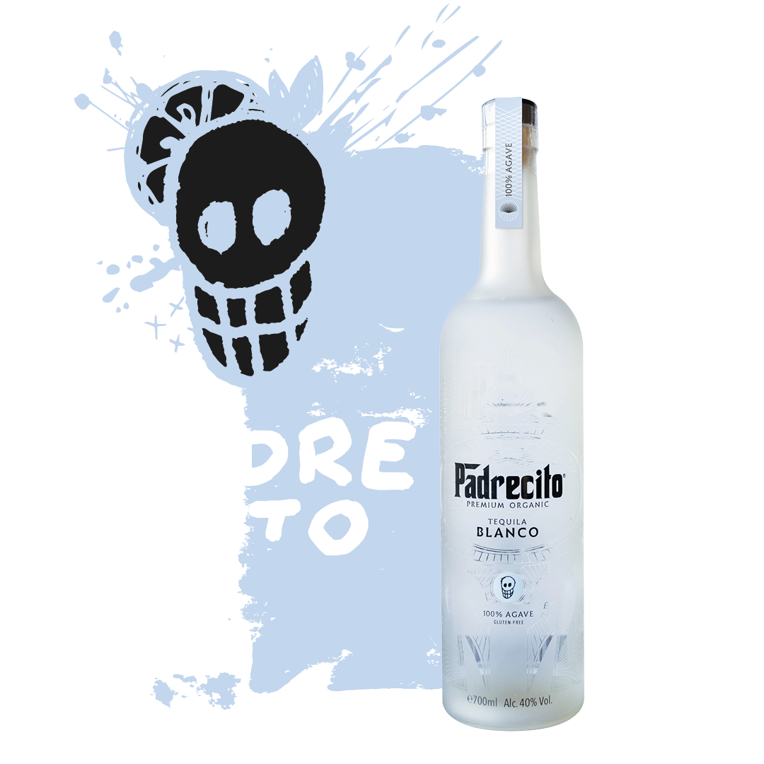 Transparent Padrecito tequila Blanco bottle in front of a light blue background that says "Padrecito".