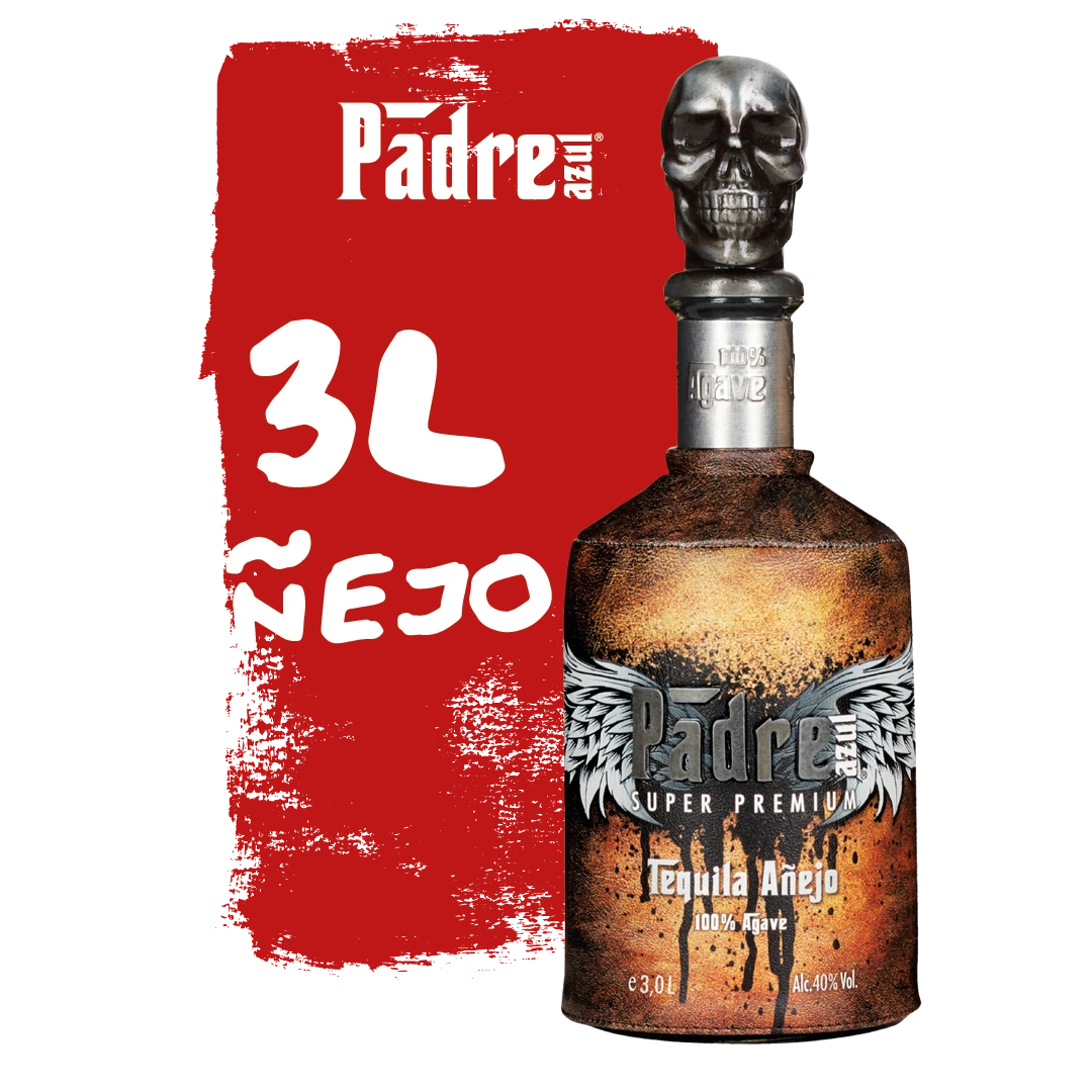 Brown Padre Azul Tequila Añejo 3l bottle in front of a red background.