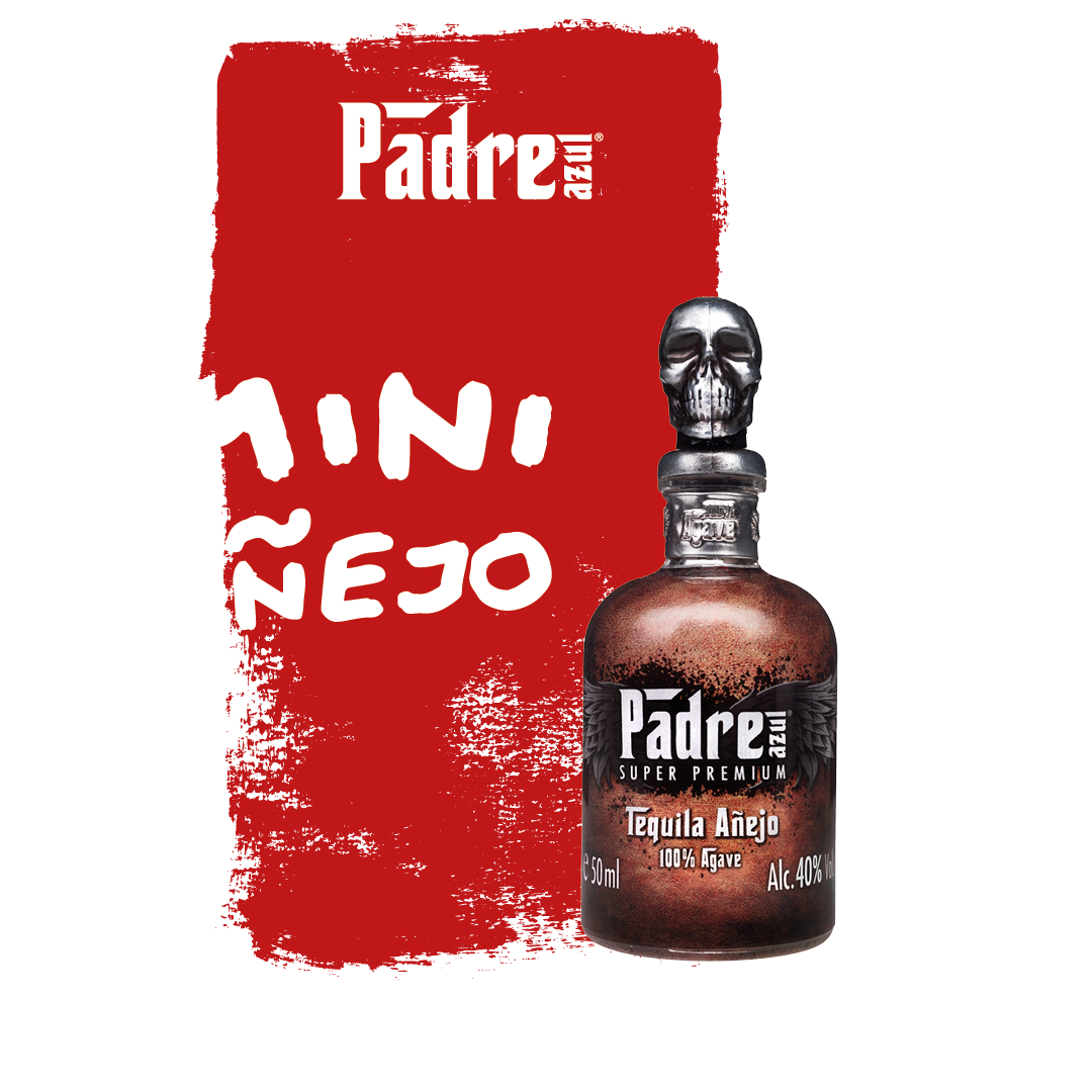 Brown Padre Azul Tequila Añejo 50ml bottle in front of a red background.