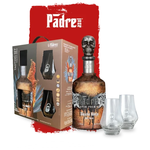 Brown Padre Azul Tequila Añejo Tasting Set with 700ml bottle, a tasting box and two tasting glasses in front of a red background.