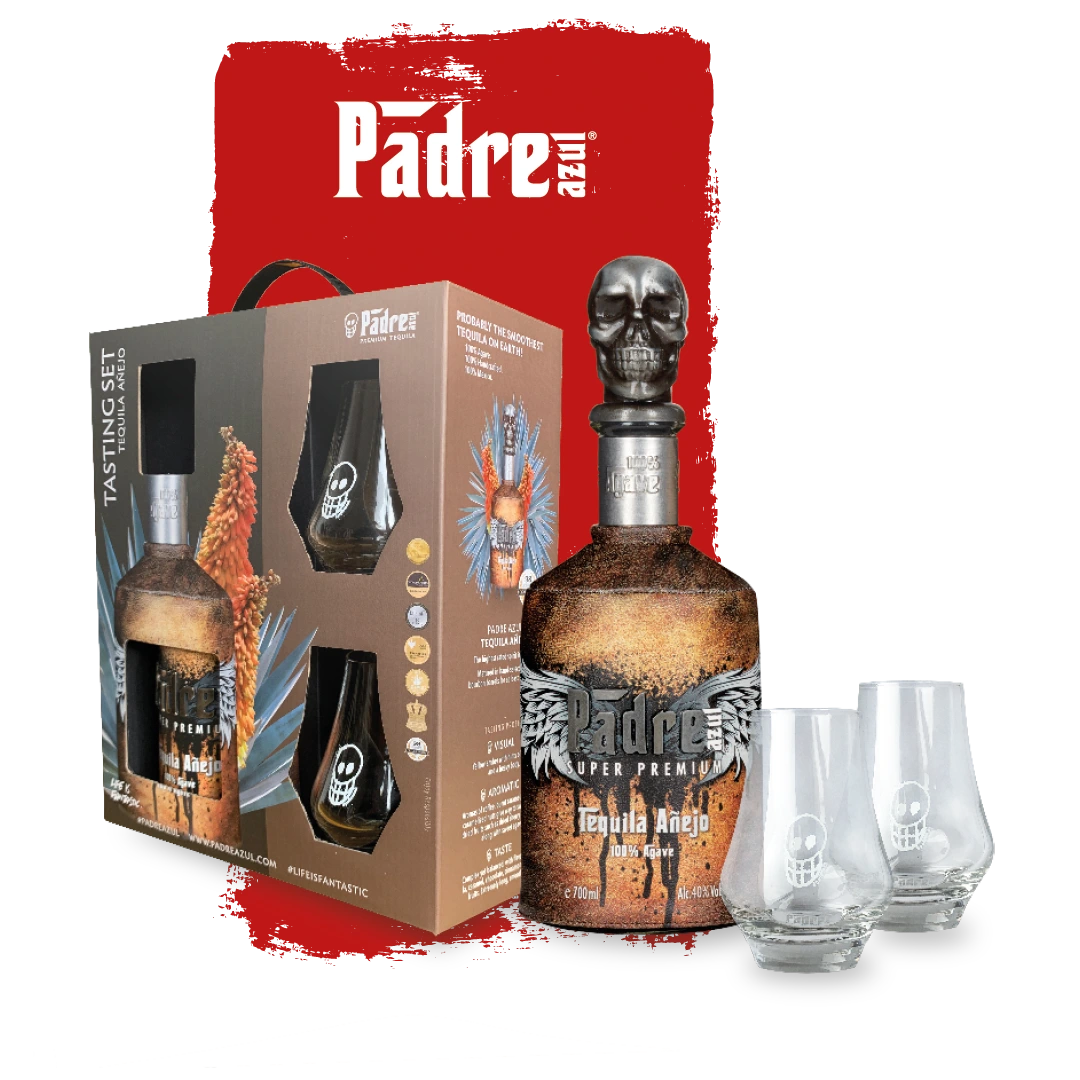 Brown Padre Azul Tequila Añejo Tasting Set with 700ml bottle, a tasting box and two tasting glasses in front of a red background.