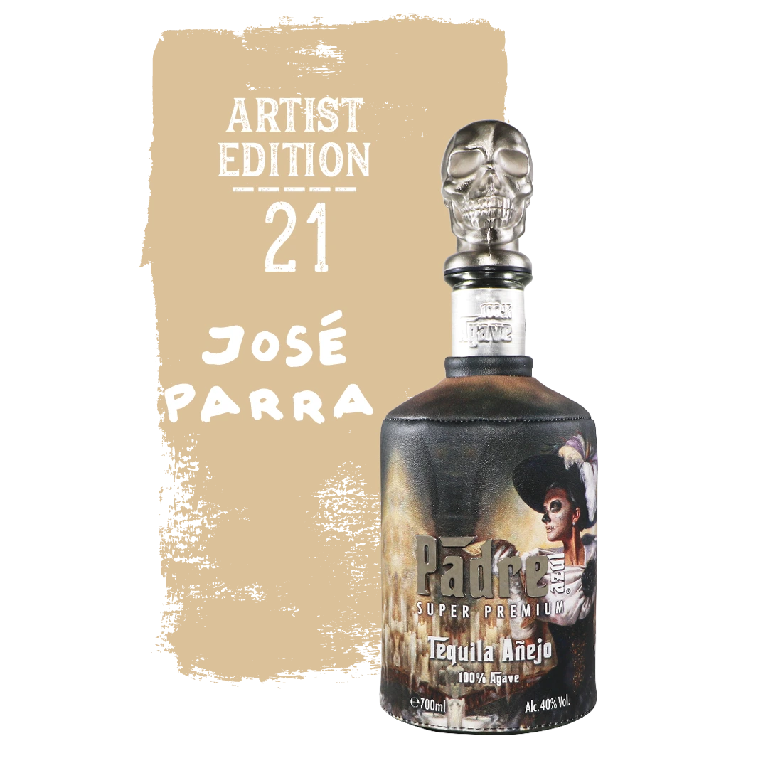 Dark brown Artist Edition 2021 bottle by Artist José Parra in front of a light brown background.