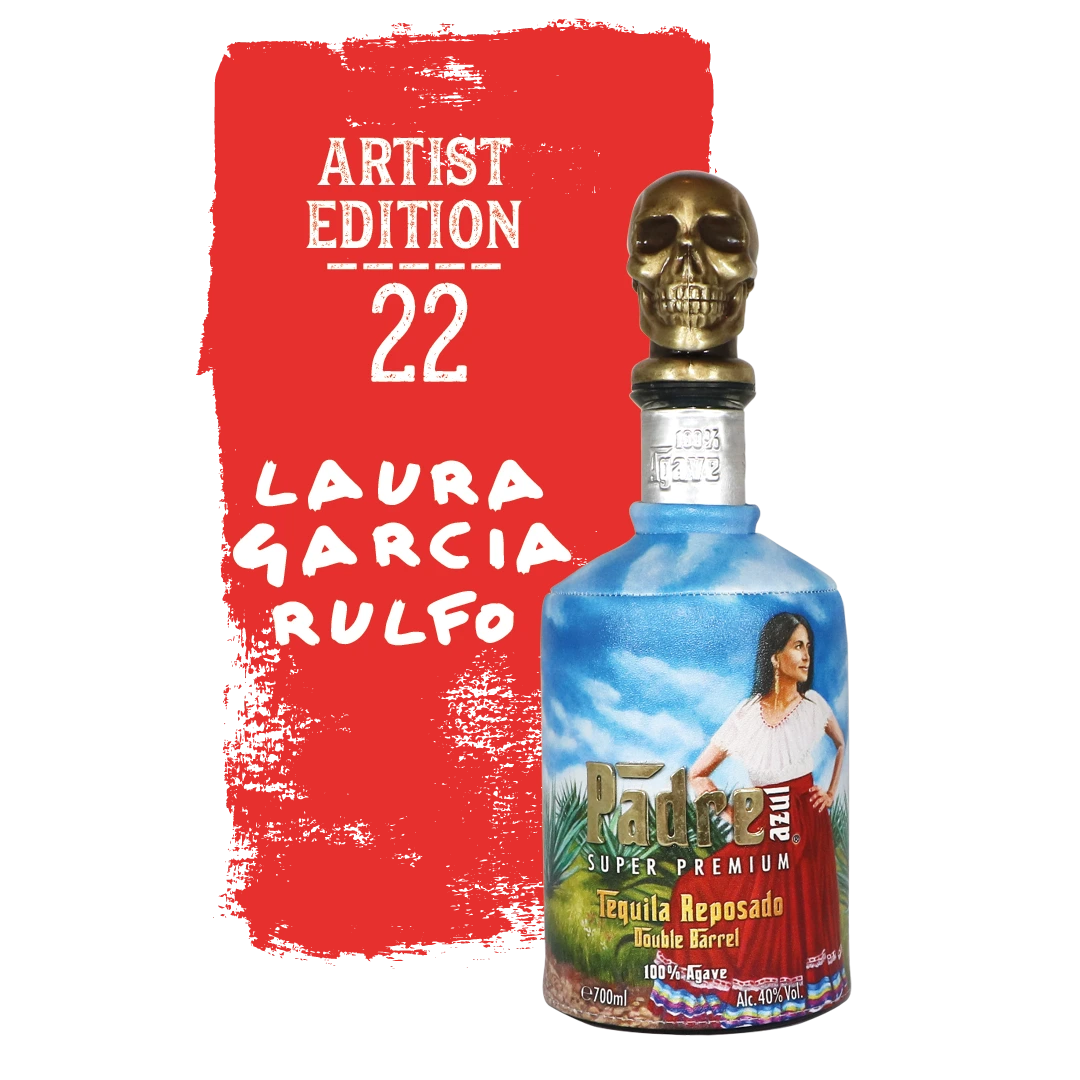 Colorful Artist Edition 2022 bottle by Artist Laura Garcia Rulfo in front of a red background.