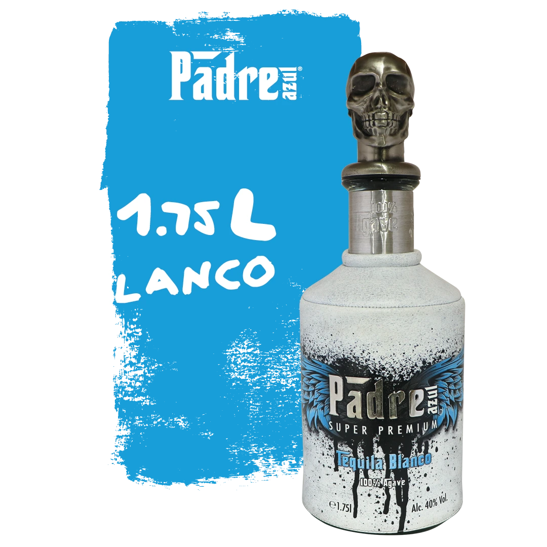 White Padre Azul Tequila Blanco 1,75ml bottle in front of a blue background.