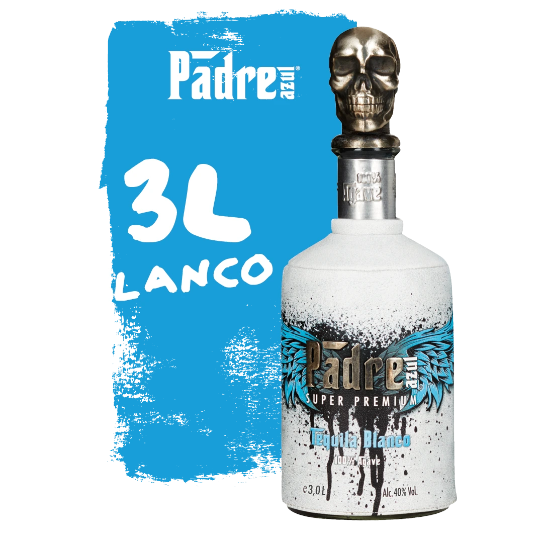 White Padre Azul Tequila Blanco 3l bottle in front of a blue background.
