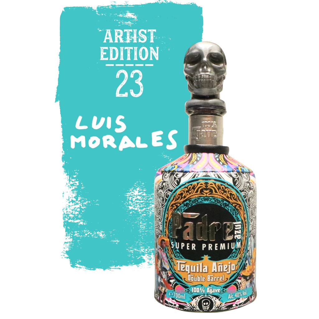 Colorful Artist Edition 2023 bottle by Artist Luis Morales in front of a turquoise background.