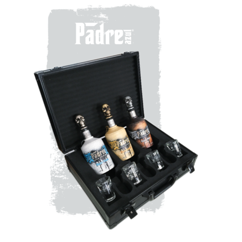 Black Padre Azul Luxury Selection Suitcase with three. bottles inside - white Blanco, yellow Reposado and brown Añejo Tequila bottle and four shot glasses.