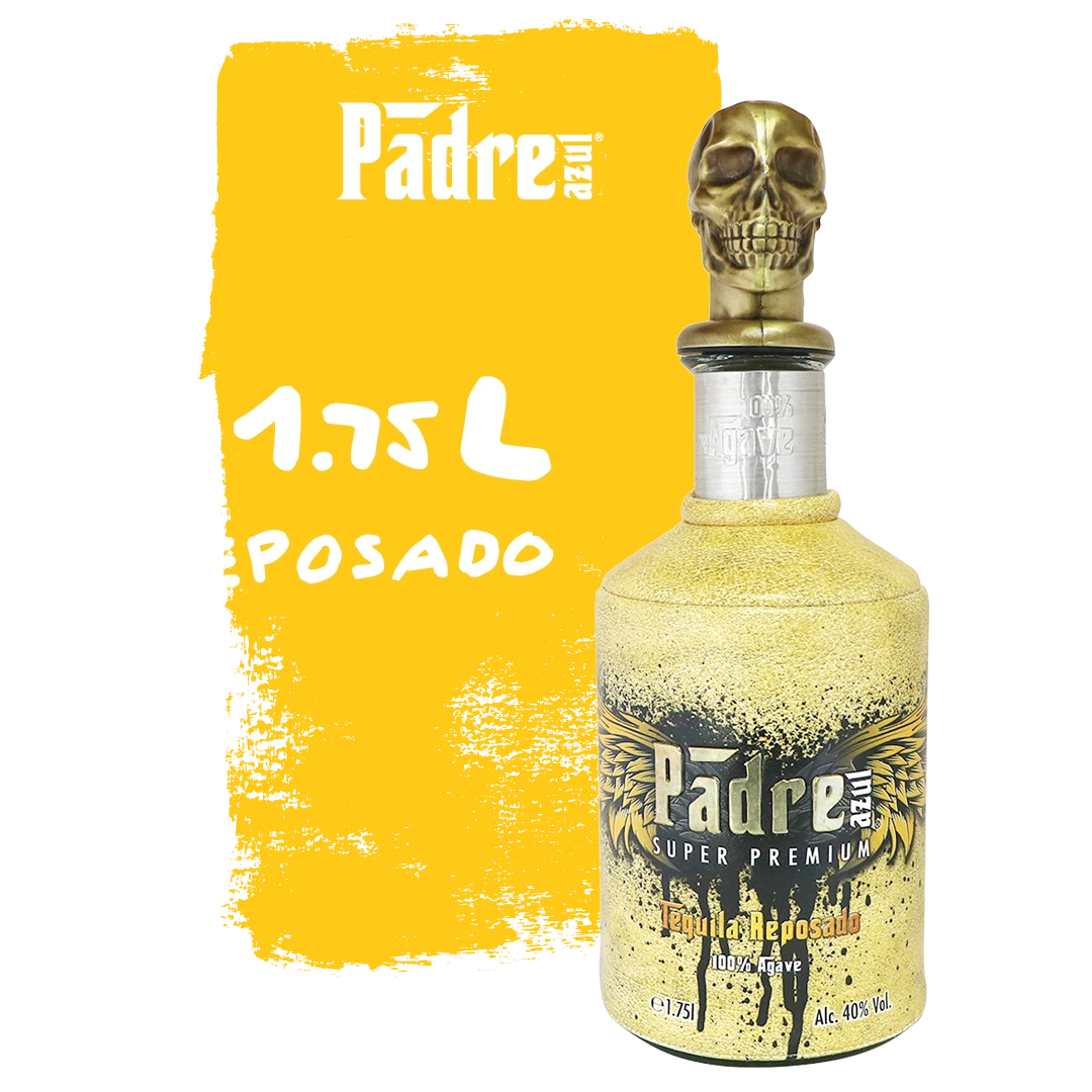 Yellow Padre Azul Tequila Reposado 1,75l bottle in front of a yellow background.