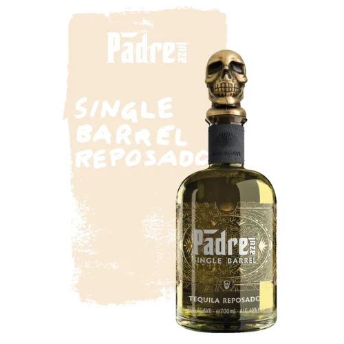Dark Single Barrel Reposado Tequila bottle with golden hints and skull bottle stopper in front of a beige background.