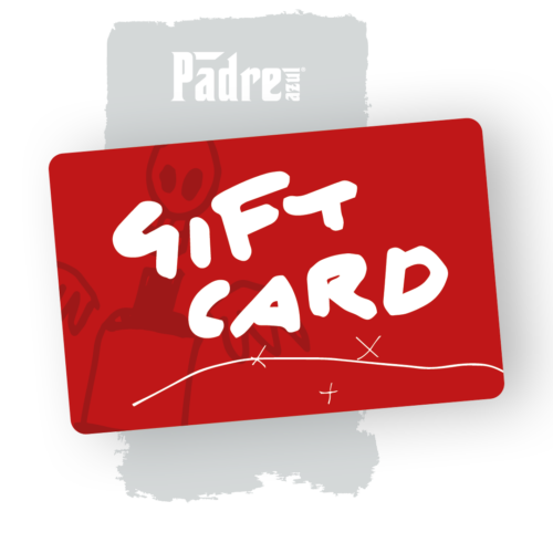 The red Padre Azul variable Gift Card on a gray background.